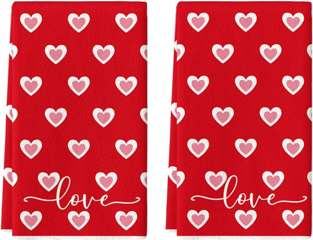 Artoid Mode Red Candy Floss Love Heart Valentine's Kitchen Towels Dish Towels, 18x26 Inch Anniversary Wedding Decoration Cleaning Set of 2
