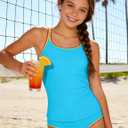 Girls Swimsuit Solid Color 2 Piece Bathing Suit Contrast Trim Girls Tankini Adjustable Straps Modest Swimwear 9-16y (Blue)