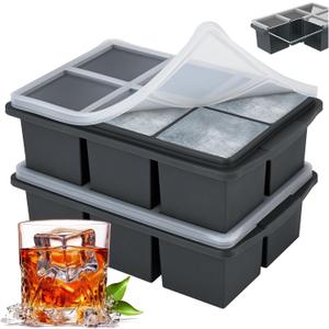Large Ice Cube Trays for Whiskey, Silicone Ice Cube Tray, with Reinforced Steel Ring Top, Makes 8 perfect 2-in ice cubes, Square Ice Tray for Cocktails, Whiskey, Coffee, (2 Pack)