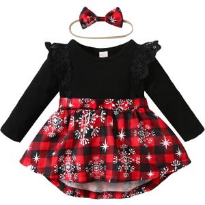 1st Christmas Outfit Newborn Baby Girl Flutter Lace Long Sleeve Top Floral Skirt Bodysuit Xmas Dress Headband (0-6 Months, Red- Plaid)