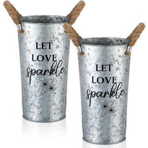 2 Pcs Wedding Sparklers Galvanized Metal Buckets 9.8 Inch Let Love Sparkle Sparklers Wedding Send Off Buckets for Anniversary Engagement Bridal Shower, Excluded Sparkler(Classic Style)