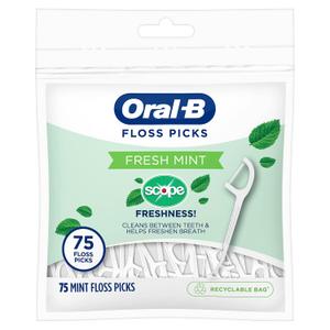 Oral-B Burst of Scope Dental Floss Picks, Fresh Mint, 75 Count Each, Pack of 6 (450 Count Total)
