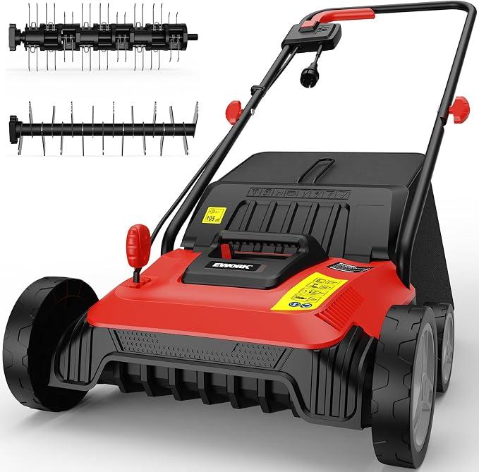 EWORK 14-Inch 12Amp Electric Dethatcher and Scarifier with Grass Catchers