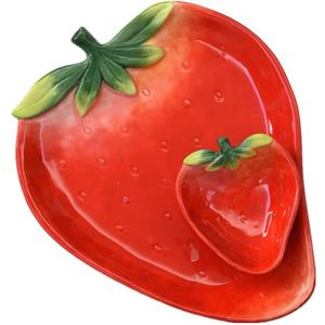 Ceramic Red Strawberry Chip and Dip Serving Trays, Appetizers and Cheeses Serving Platter, Ideal for Snacks, Veggies, Fruit-11inches