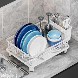Dish Drying Rack, Space-Saving Dish Rack, Dish Racks for Kitchen Counter, Drying Rack Kitchen with Removable Utensil Holder, and Automatic Drainage Drainboard, 11''W x 15''L, White