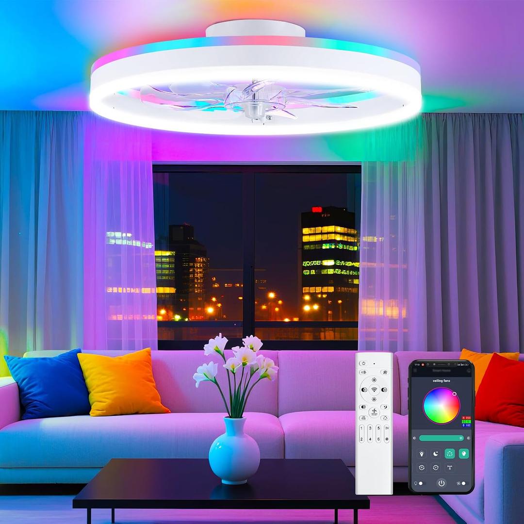19.7" Ceiling Fans with Lights, Smart RGB Color Changing Low Profile Ceiling Fan, Modern Flush Mount Fandelier with Remote and APP, 6 Speeds, Quiet DC Motor, for Living Room, Bedroom, Indoor