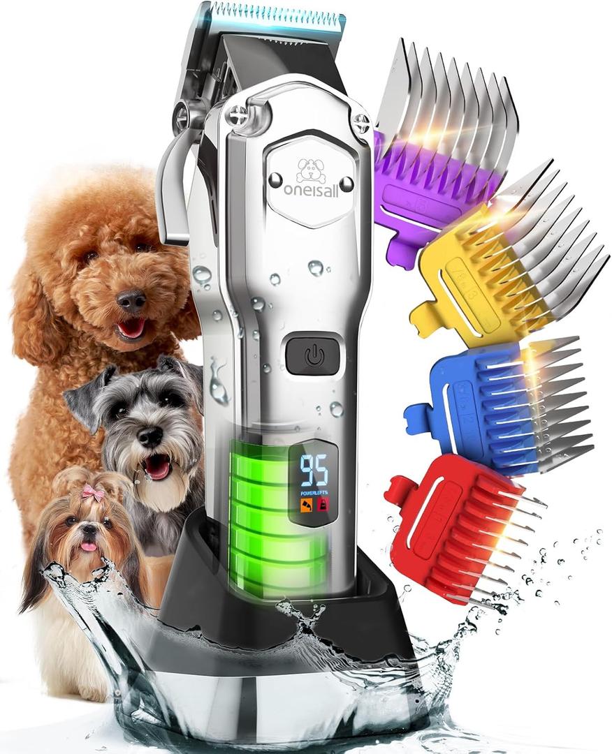 oneisall Professional Dog Grooming Clippers: Cordless Rechargeable Thick Hair Clipper with Detachable Metal Combs, Low Noise Heavy-Duty Pet Clippers for Curly/Fine/Wavy Hair, 676pro (Silver)