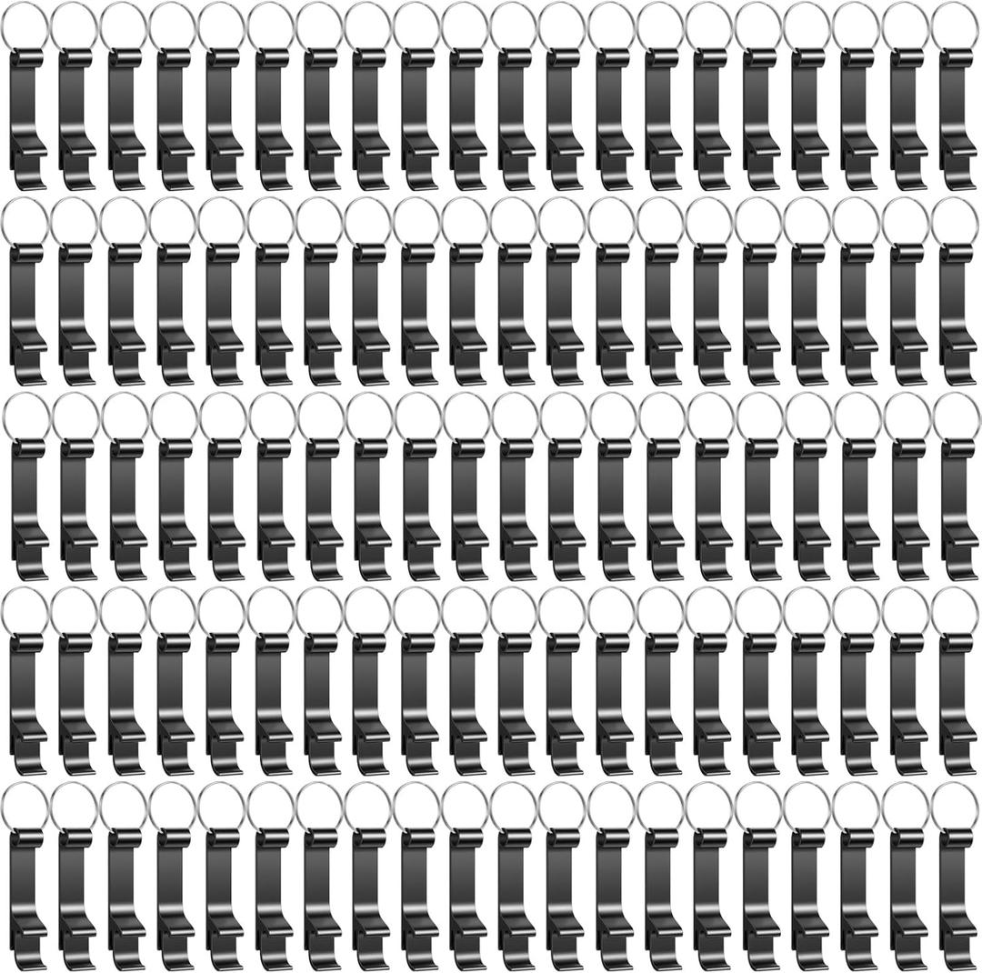 100 Pack Bottle Opener Keychain Bulk Black Metal Pocket Can Opener Key Chain Ring Wine Beer Beverage Heavy Duty Aluminum Bottle Openers Destapadores De Cerveza for Bar Bartender Wedding Party Gifts