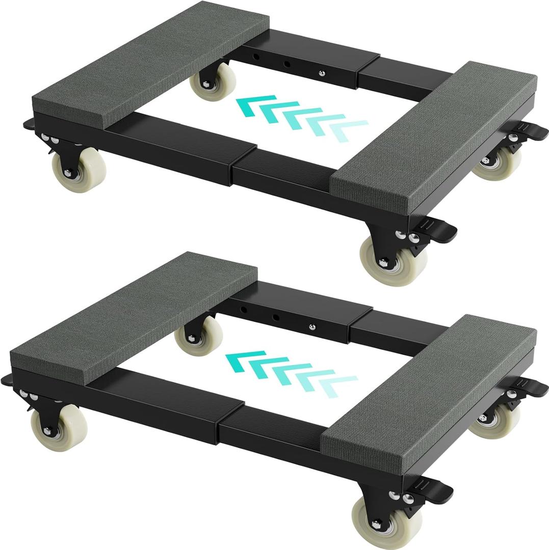 Heavy Duty Adjustable Furniture Moving Dolly - Furniture Movers with 4 Swivel Casters Wheels, Small Wood & Metal Floor Flat Dollies Cart, Set of 2 (Gray & Black)