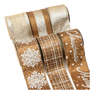 Ribbli Christmas Ribbon Wired Copper Brown with Champagne Glitter Christmas Tree Ribbons for Crafts Gift Wrapping Wreaths Garland Home Decor -2.5 Inch x 6 Rolls Total 36 Yard