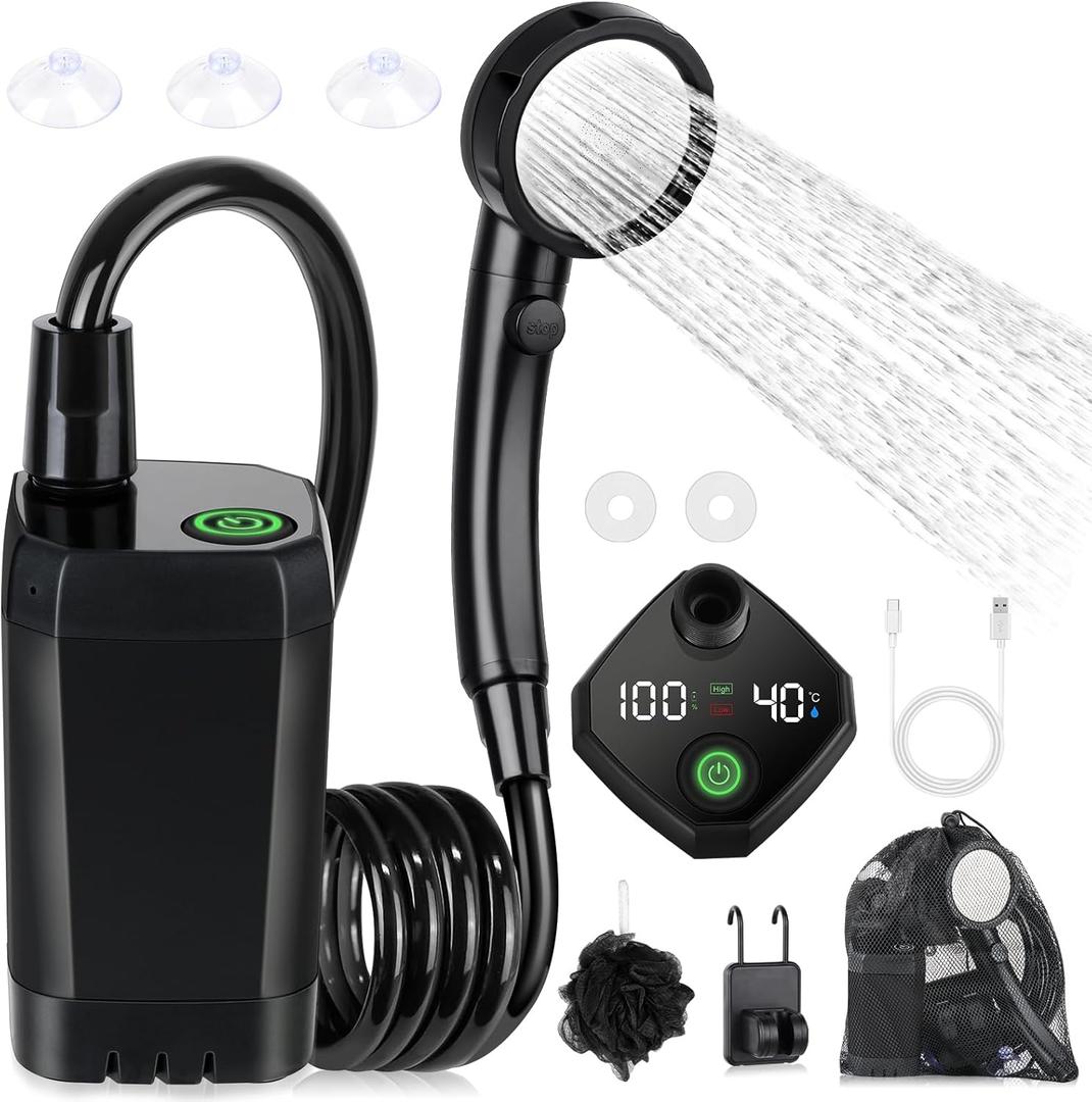 Portable Shower for Camping, [Long-Lasting] Spopal 6000mAh Rechargeable Camping Shower with Intelligent LED Display, 4 Spray Modes, IPX7 Waterproof Outdoor Camp Pump for Hiking, Travel, Car, Pet (Black)