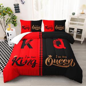 Queen and King Comforter Set for Adults Couple Men Women, Black and Red Comforter Set King Size, All Reason Bedroom Decor with 2 Pillowcases