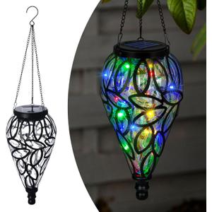 Solar Hanging Lantern Outdoor Lights, Tear-Shaped 15 LEDs Multi-Color Hanging Lights with S Hooks Decor in Garden, Yard, Pathway, Front Door and Landscape