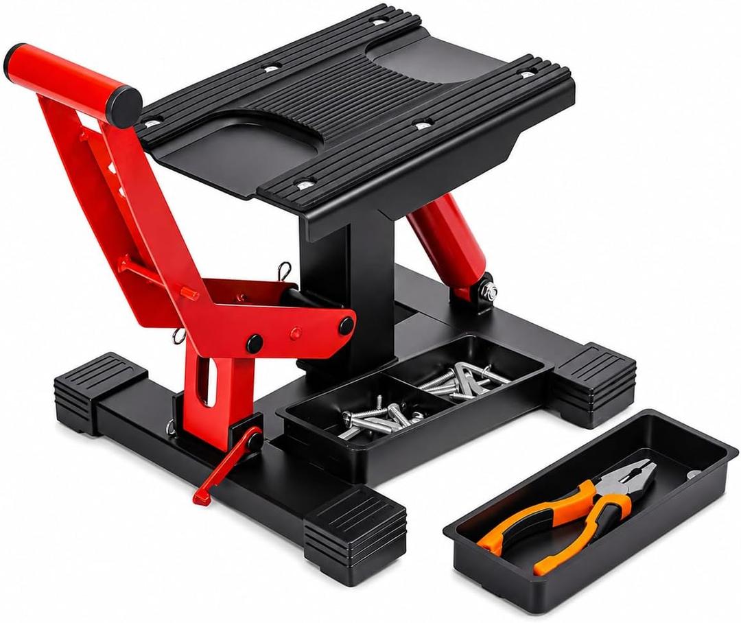 Motorcycle Lift Stand 1000 LBS with Removable Tool Tray, Hydraulic Lift | Adjustable Height Hoist Table with Extra Large and Non-Slip Platform for Dirt Bike, Motorcycle, E Bike & Motocross