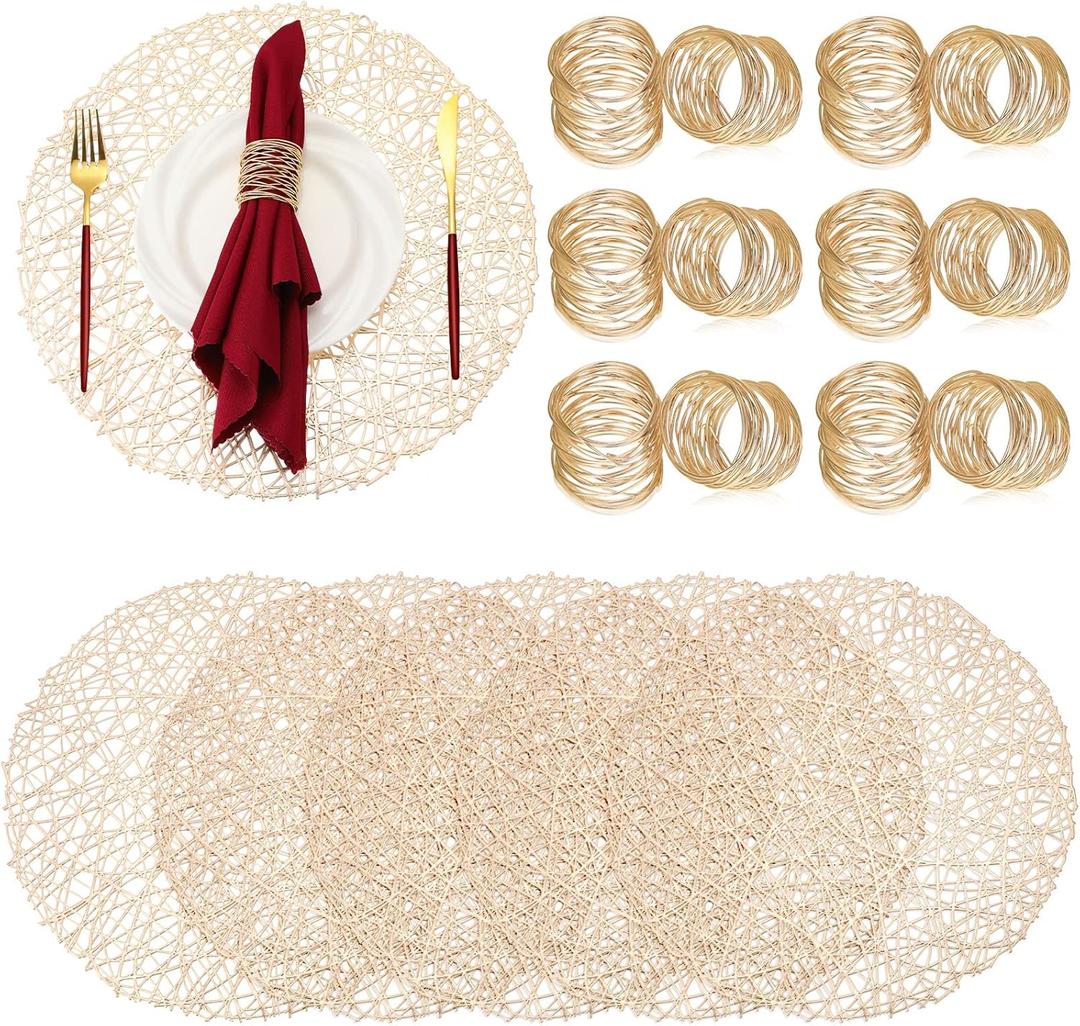 Set of 12 Woven Gold Placemats Hollow Out Holiday Metallic Mats Golden Round Placemats Handmade Mesh Napkin Rings Holder Gold Napkin Rings for Weddings Dinner Table Parties