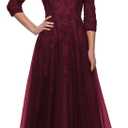 Miao Duo Women's Floral Lace Appliques 3/4 Sleeve Mother of The Bride Dresses Long V Neck Formal Dresses with Pockets YZTS028 (Burgundy), 16W