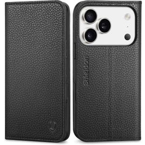 SHIELDON Real Leather Wallet Case for iPhone 17 Pro 6.3 Inch 5G 2025 | Magnetic Cover | RFID Blocking Card Slots | Kickstand | Folio Protective Phone Shell | Women Men | Pebbled Black