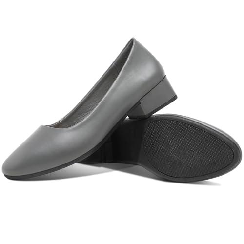 Jeekopeg Low Chunky Pumps Women's Round Toe Heels PU Leather Chunky Pumps Shoes Classic Closed Toe Pumps Low Heel Dress Shoes for Woman(Grey,US10)