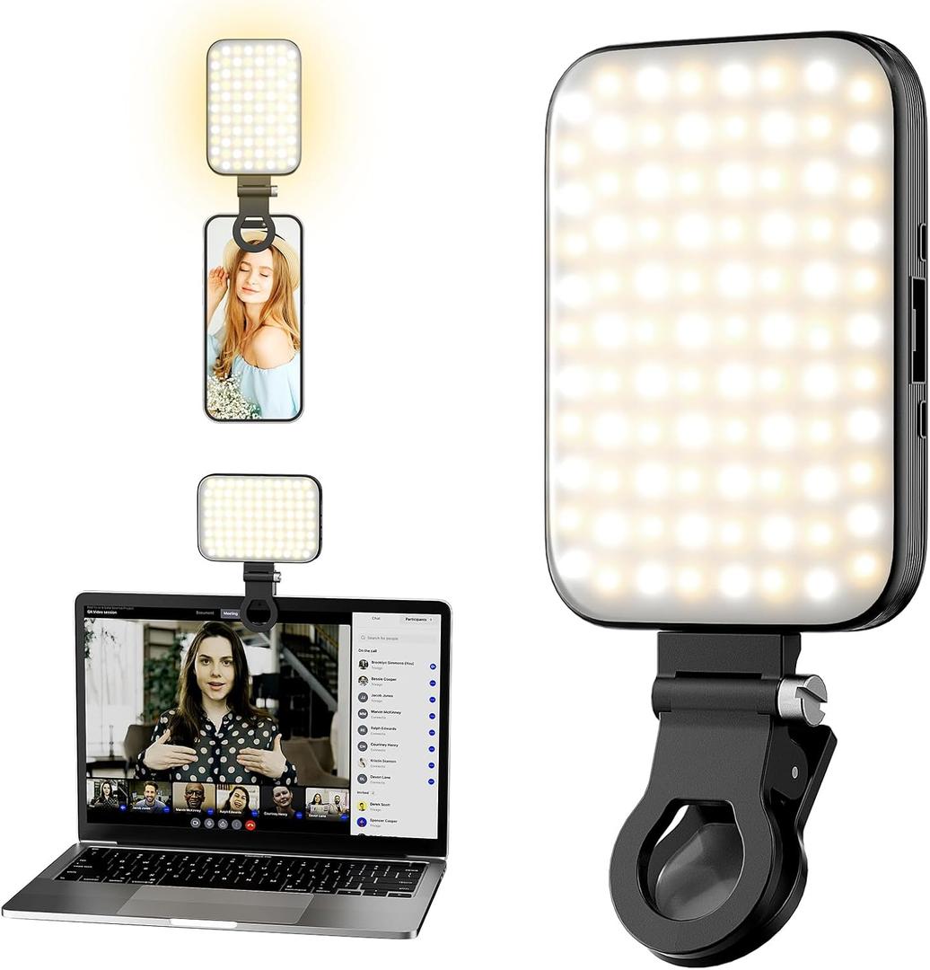 Selfie Light  Rechargeable Phone Light Clip with Digital Display, 3 Light Modes & 10 Brightness Levels for TikTok, Vlog, Makeup, Zoom (Deep Black)