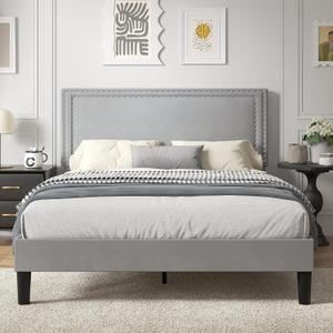 VECELO Queen Size Platform Bed Frame with Height Adjustable Upholstered Headboard, Modern Mattress Foundation,Strong Wood Slat Support, No Box Spring Needed, Easy Assembly,Light Grey