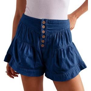 CHARTOU Women Cute Ruffle Hem Denim Short High Waist Wide Leg Jean Shorts Flare Stretchy Short with Pockets (Blue, L)