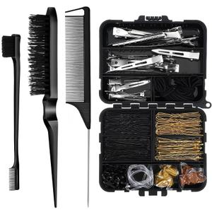 160 Pcs Hair Bobby Pins Kit Dance Stuff Cosmetology Kit with Slick Back Hair Brush Set and Storage Boxwith Edge Bristle Brush Rat Tail Comb Dance Cheerleading (Black)