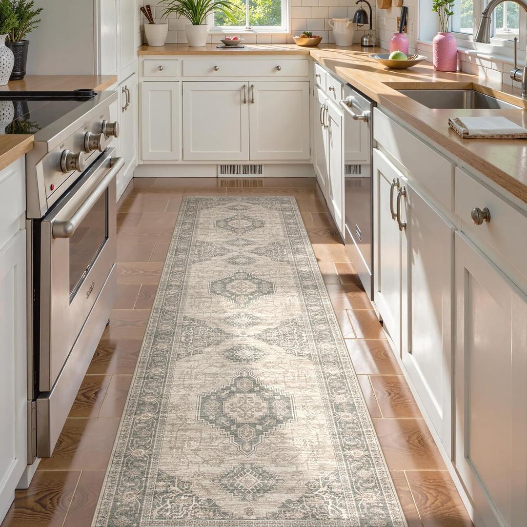 Lahome Oriental Washable Runner Rug Non Slip, 2x7 Rug Runners for Hallways Kitchen, Ultra-Thin Hallway Rugs for Laundry Room Bathroom Bedroom Eleanor, Grey/Brown