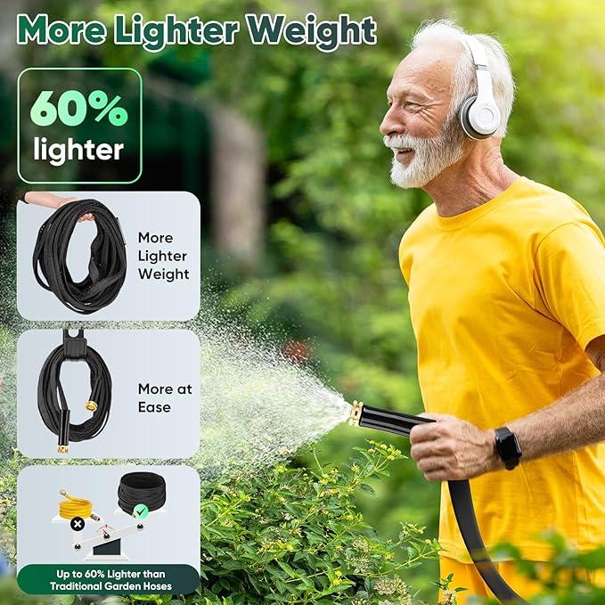Garden Hose 50ft, Non-Expanding, Lightweight, Leak-Proof Metal interface, No-Knots, Portable, Wear-Resistant, Sturdy, Flexible, 3/4GHT, Water Hose for Yard, Garden (Black)