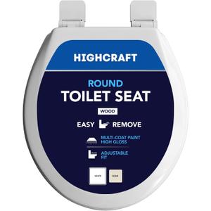 HIGHCRAFT Premium Round Toilet Seat with Adjustable Hinges & Quick Removal Mechanism - Molded Wood Toilet Seat - Fits Standard Round Toilets - Round Seat in White