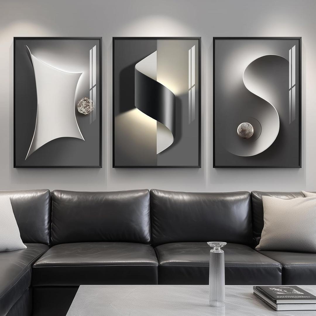 Framed Modern Black and White Abstract Wall Art for Living Room, Large 3 Piece Bright Style Silvery Artwork for Walls, Luxury Painting Prints for Dining Room Hallway Office Wall Decor, 24x36 In, 36" H x 24" W x 3Pcs