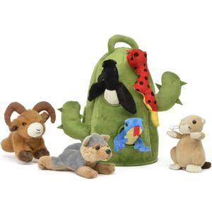 Plush Cactus Desert Animal House with Animals - Six (6) Stuffed Desert Animals (Snake, Lizard, Bighorn Sheep, Coyote, Prairie Dog, Roadrunner) in Play Cactus Carrying House