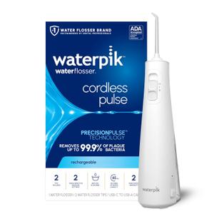 Waterpik Cordless Pulse Rechargeable Portable Water Flosser for Teeth, Gums, Braces Care and Travel with 2 Flossing Tips, Waterproof, ADA Accepted, WF-20 White 