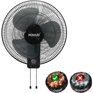 Wall Mounted Fan 16 inch with copper Motor, 3 Speeds High Velocity, Quite Oscillating Mounted Fan, Adjustable tilt Wall Fan Ideal for household Garage Patios Bedroom, Indoor, Black