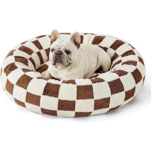 Lesure Donut Medium Dog Bed - Round Cat Beds for Indoor Anti-Anxiety Calming Pet Beds, Washable Cute Modern Beds with Teddy Sherpa Plush & Anti Slip Bottom, 30 Inch, Brwon (Brown Checks)