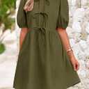 PRETTYGARDEN Womens 2025 Summer Casual Short Sleeve Dresses A Line Bow Tie Front Babydoll Loose Cute Mini Dress with Pockets (Green, S)