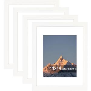 11x14 Picture Frame Set of 4, High Definition Real Glass, Display Pictures 8x10 with Mat or 11x14 Without Mat, Gallery Wall Hanging Photo Frames, White