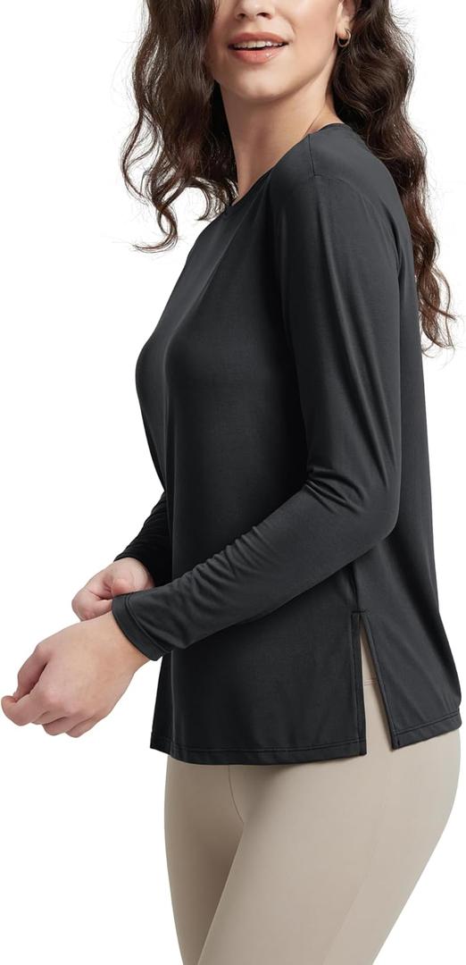 ODODOS Women's Relaxed Fit Long Sleeve Shirts Boat Neck Side Slit Peach-Soft Casual Lounge Yoga Tops, Black, Large (Black, L)