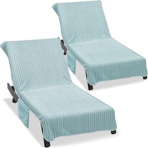Lounge Chair Towel Cover (Pack of 2), Ultra Plush & Absorbent Micro Fleece Chair Towel for Pool, Beach, Patio & Garden|Quick Dry, Non-Slip Design with 2 Side Pockets|85" x 30"- Green White