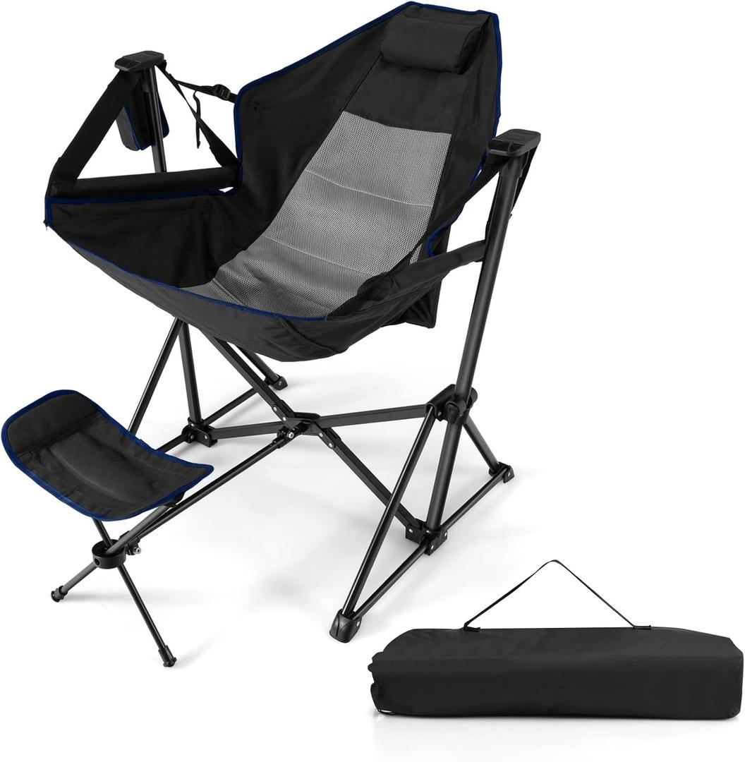 Folding Camping Chair, Portable Beach Chair with Retractable Footrest, Adjustable Back, Cup Holder & Carry Bag, Outdoor Lawn Patio Chair for Camping, Fishing, Hiking (Black, 1 Pack)