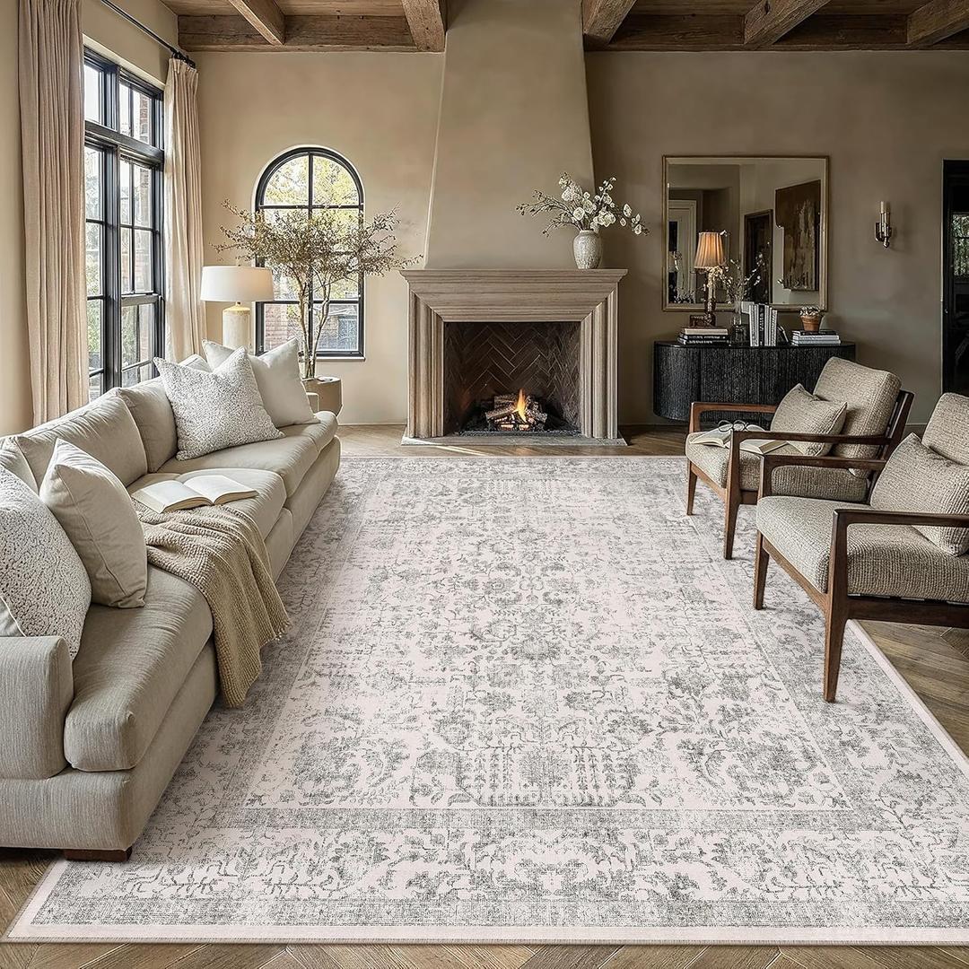 PureCozy Gray Area Rug 8x10 Machine Washable Large Vintage Living Room Distressed Non Slip Carpet Traditional Indoor Bedroom Grey Retro Floral Accent Throw Rug for Office Kitchen Dining Room