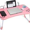 Slendor Lap Desk with Cup Holder, Foldable Laptop Table for Bed, Portable Bed Desk for Laptop and Writing, Computer Tray with Tablet Slot, Notebook Stand Reading Holder for Couch Sofa Floor,Pink