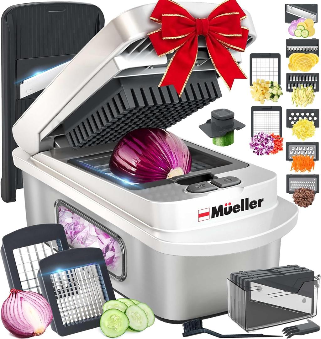 Mueller Pro-Series 10-in-1, 8 Blade Stainless Steel Multi Vegetable Chopper And Mandoline Slicer, Kitchen Accessories and Essentials, Food and Veggie Chopper, Mincer, Dicer, White Sand/Grey