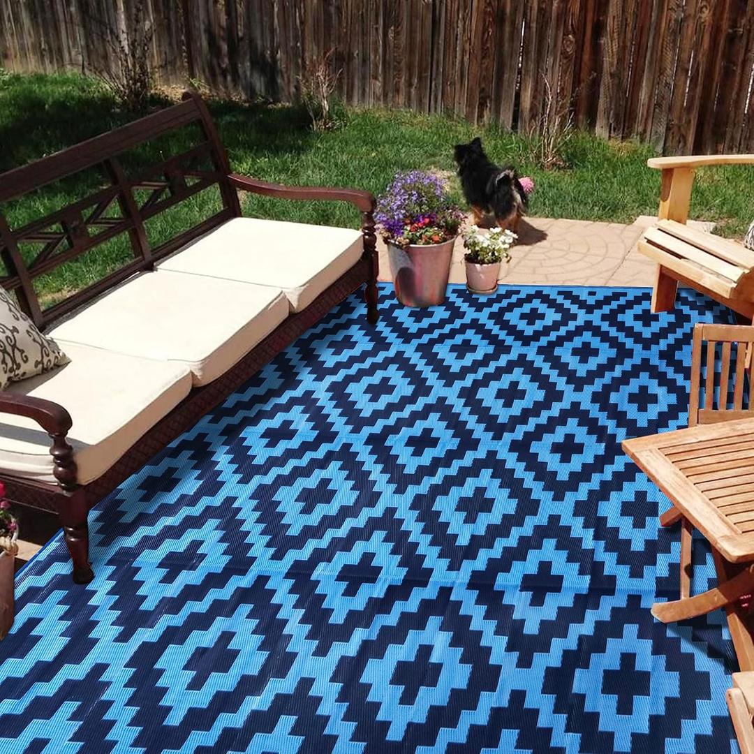 SAND MINE Reversible Mats, Plastic Straw Rug, Modern Area Rug, Large Floor Mat and Rug for Outdoors, RV, Patio, Backyard, Deck, Picnic, Beach, Trailer, Camping, Blue, 9' x 12'