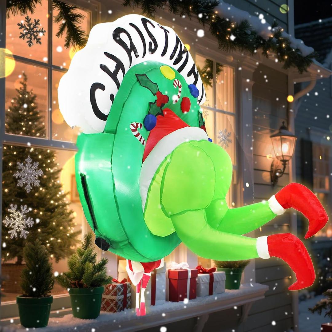 LETIME 3.5FT Christmas Inflatable Outdoor Decoration Green Ugly Monster Wreath Christmas Window Inflatable with Built-in LED Lights for Holiday Xmas Window Yard Decor