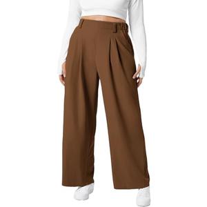 Eytino Womens Plus Size Dress Pants Elastic Waist Wide Leg Lounge Pants Waffle Knit Dress Pants for Office,2X Chestnut