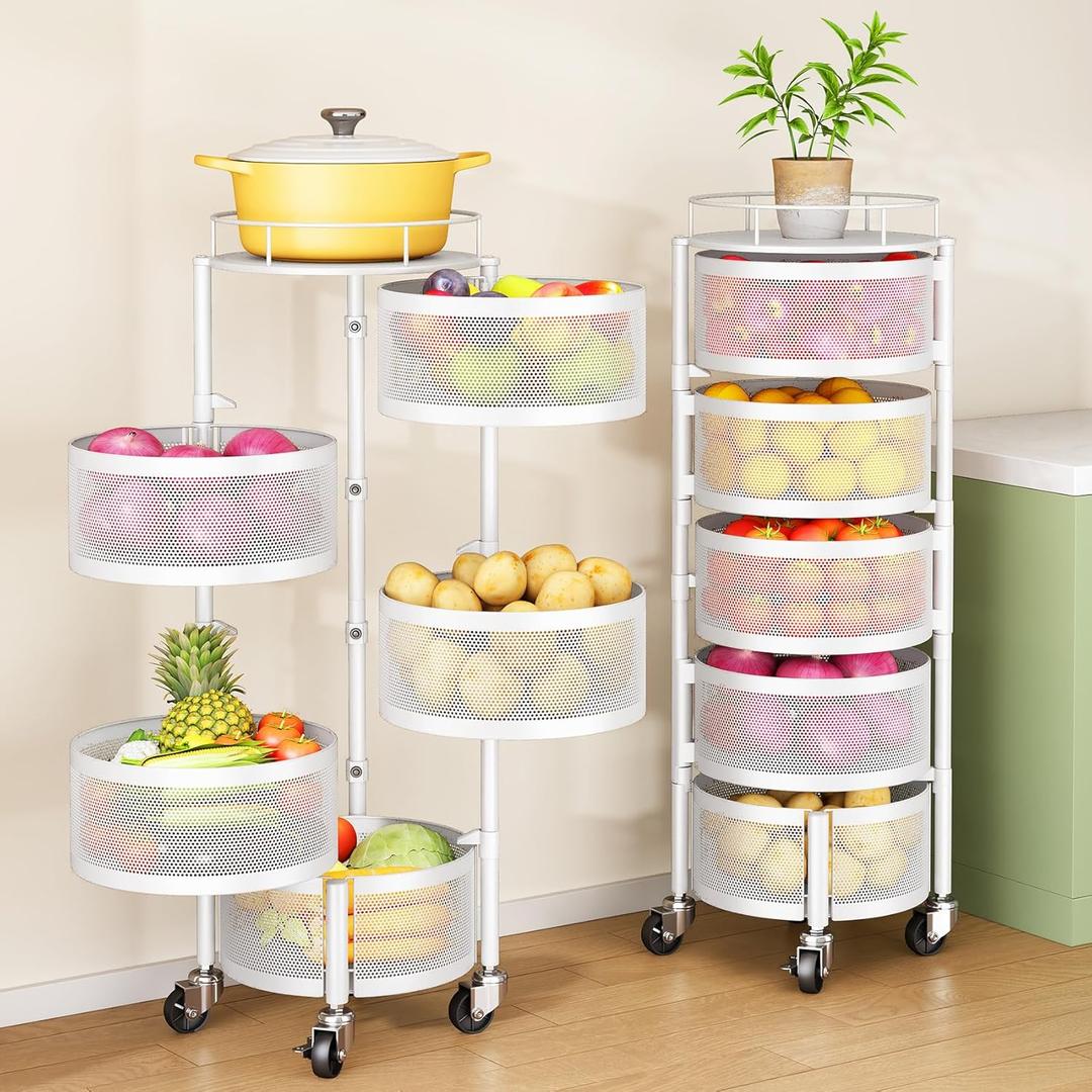 SNTD Fruit and Vegetable Basket Bowls for Kitchen with Metal Top Lid, 5 Tier Rotating Storage Rack Cart for Potato Onion Banana, Wire Basket Organizer on Wheels, Large (White)