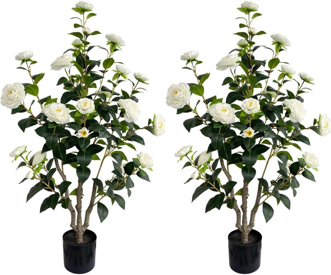 Artificial Camellia Tree 3.4ft Fake Trees pseudophyte (2, White)
