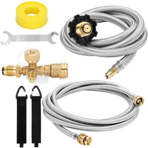 Propane Brass Tee 4 Port Adapter Kit with 5FT and 12FT Stainless Braided Hoses,Extend a Stay Rv Propane Kit for Tank RV Camping Connecting Auxiliary Propane Bottles and Appliances