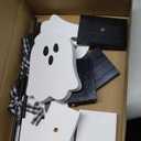 6 Pcs Halloween Christmas Pastel Ghost Candy Table Decorations Cute Wooden Block Ghost Signs with Bow Rustic Stand Table Centerpiece for Halloween Christmas Farmhouse Shelf Mantel Decor