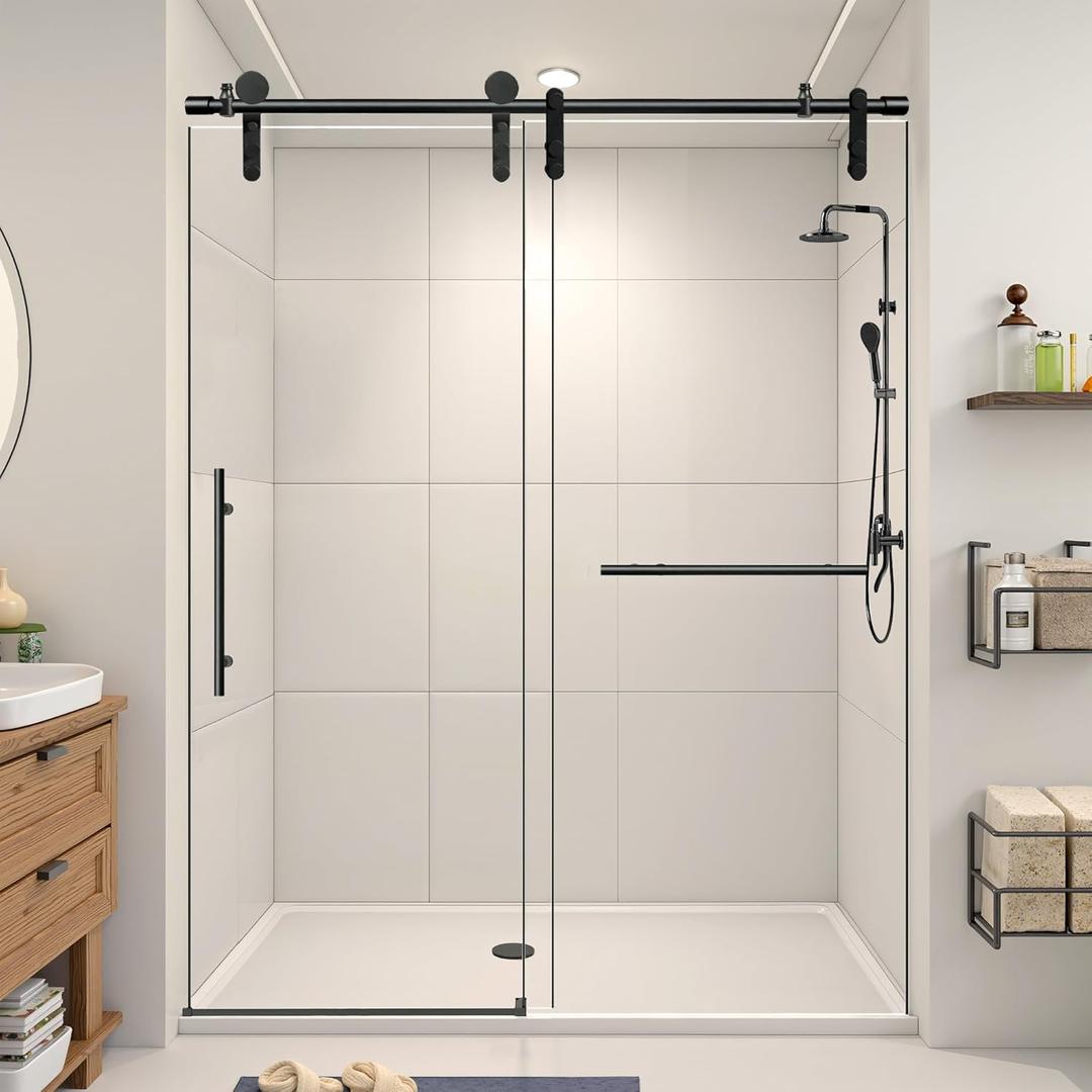 Frameless Shower Door 56-60" W x 76" H, Sliding Shower Door with 5/16" (8mm) Easy-to-Clean Treated SGCC Tempered Glass, Anti-Rust Stainless Steel Hardware, Matte Black Frameless Shower Door 56-60" W x 76" H, Sliding Shower Door with 5/16" (8mm) Easy-to-Clean Treated SGCC Tempered Glass, Anti-Rust Stainless Steel Hardware, Matte Black